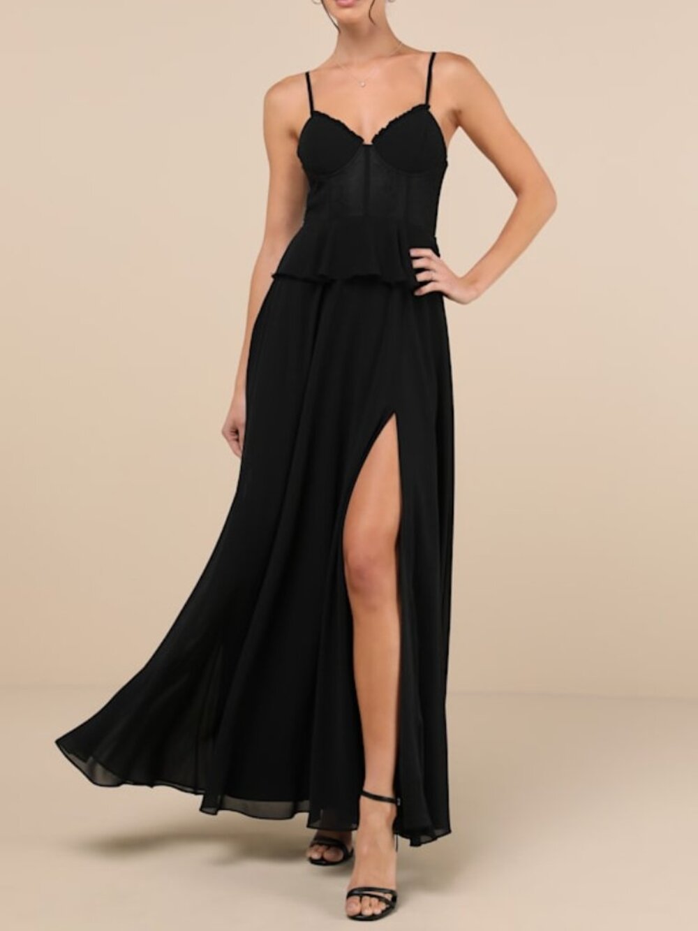 Lulus Elegant Silhouette Black Lace Bustier Peplum Maxi Dress - Size M